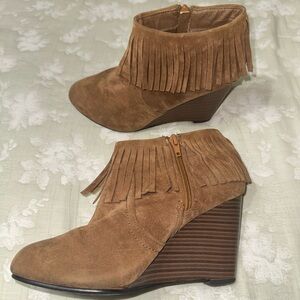 Tan suede fringe booties